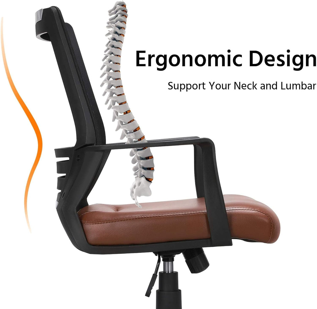 Ergonomic Brown Leather Mesh Office Chair With Lumbar Support