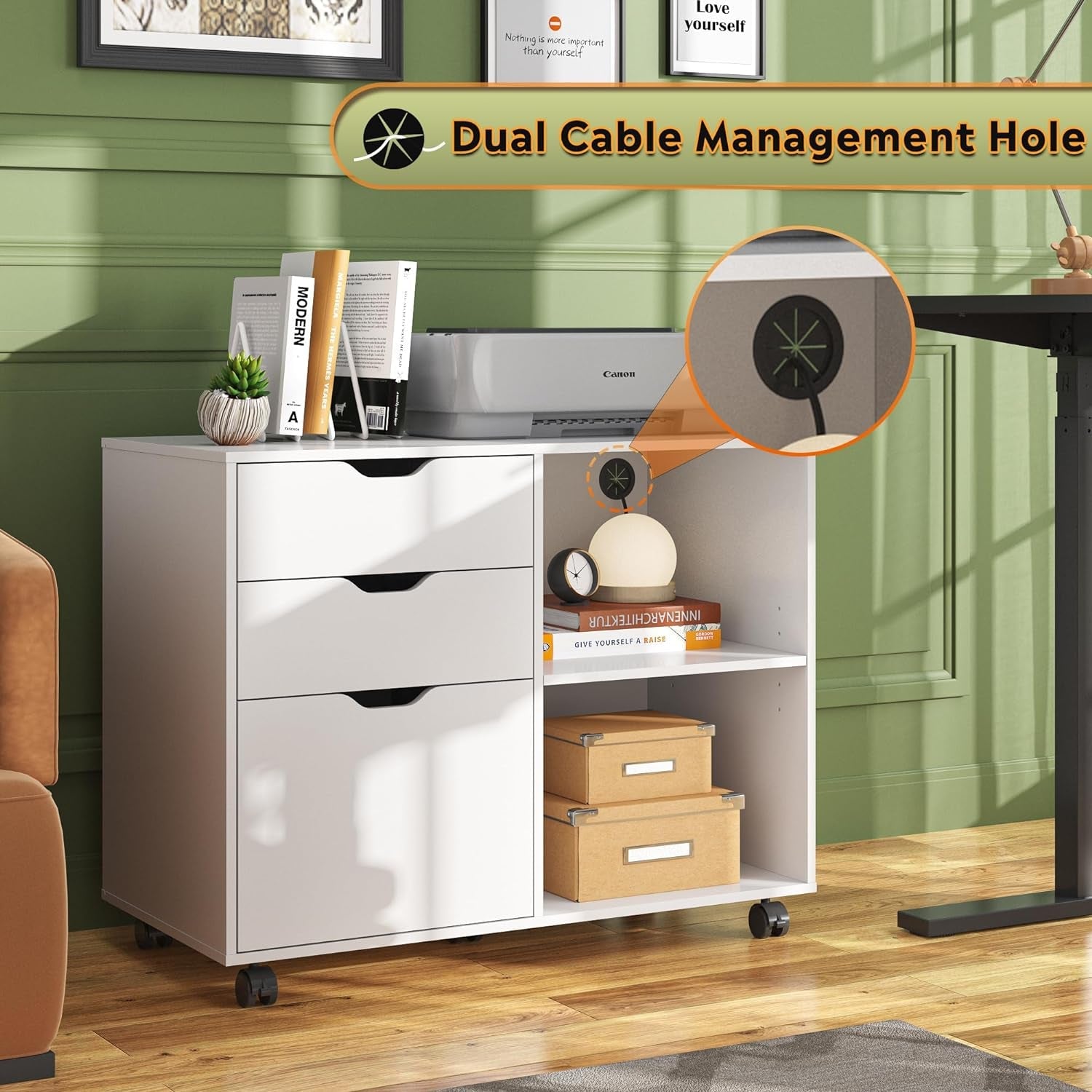 Rolling 3 Drawer File Cabinet With Printer Stand For Office