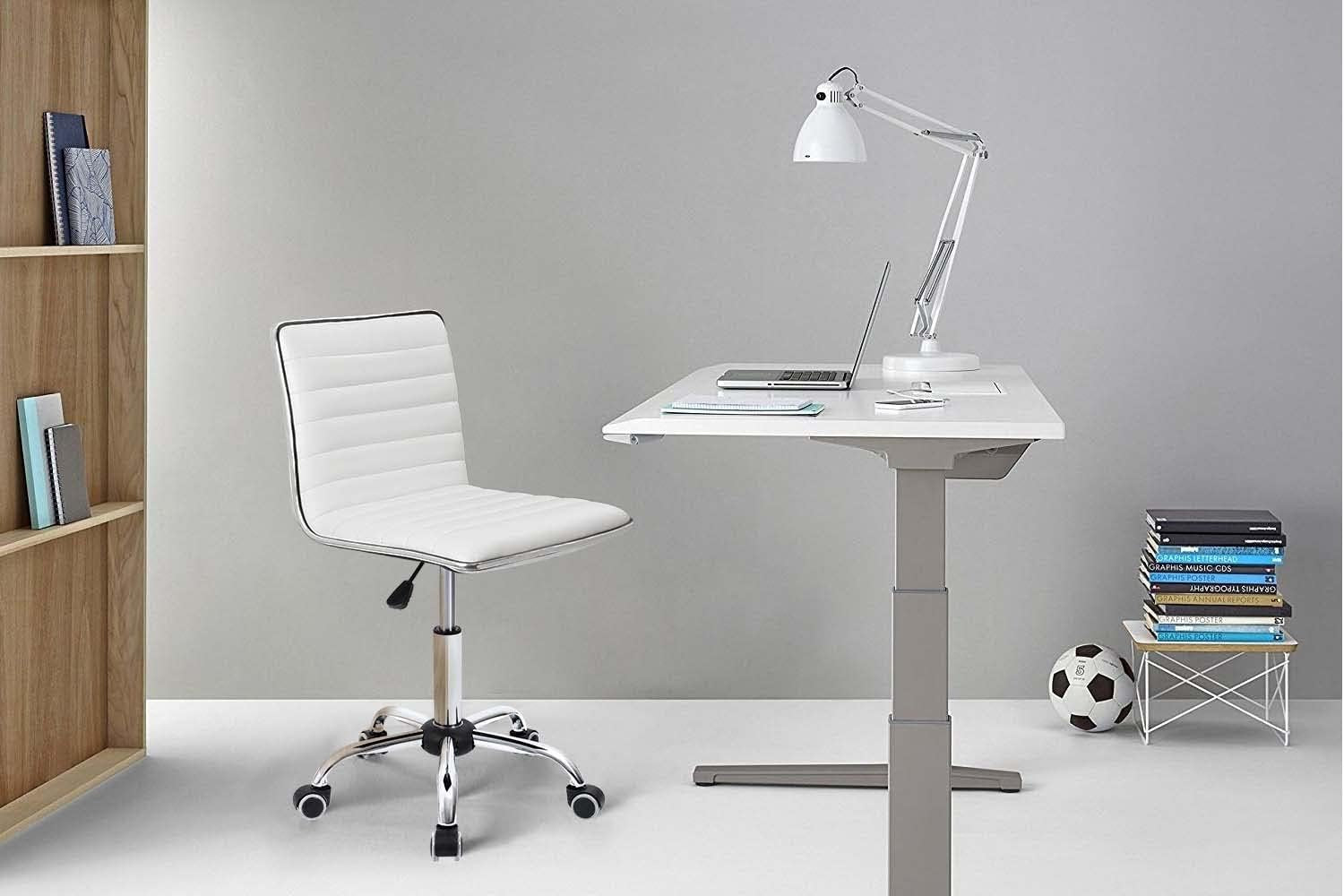 White PU Leather Vanity Chair — Mid Back Swivel Office Chair