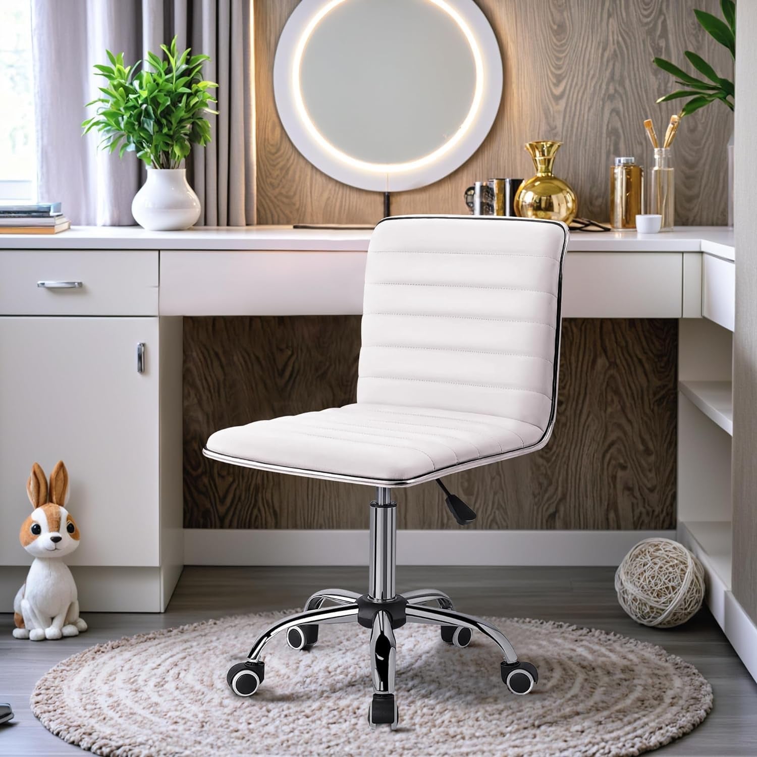White PU Leather Vanity Chair — Mid Back Swivel Office Chair