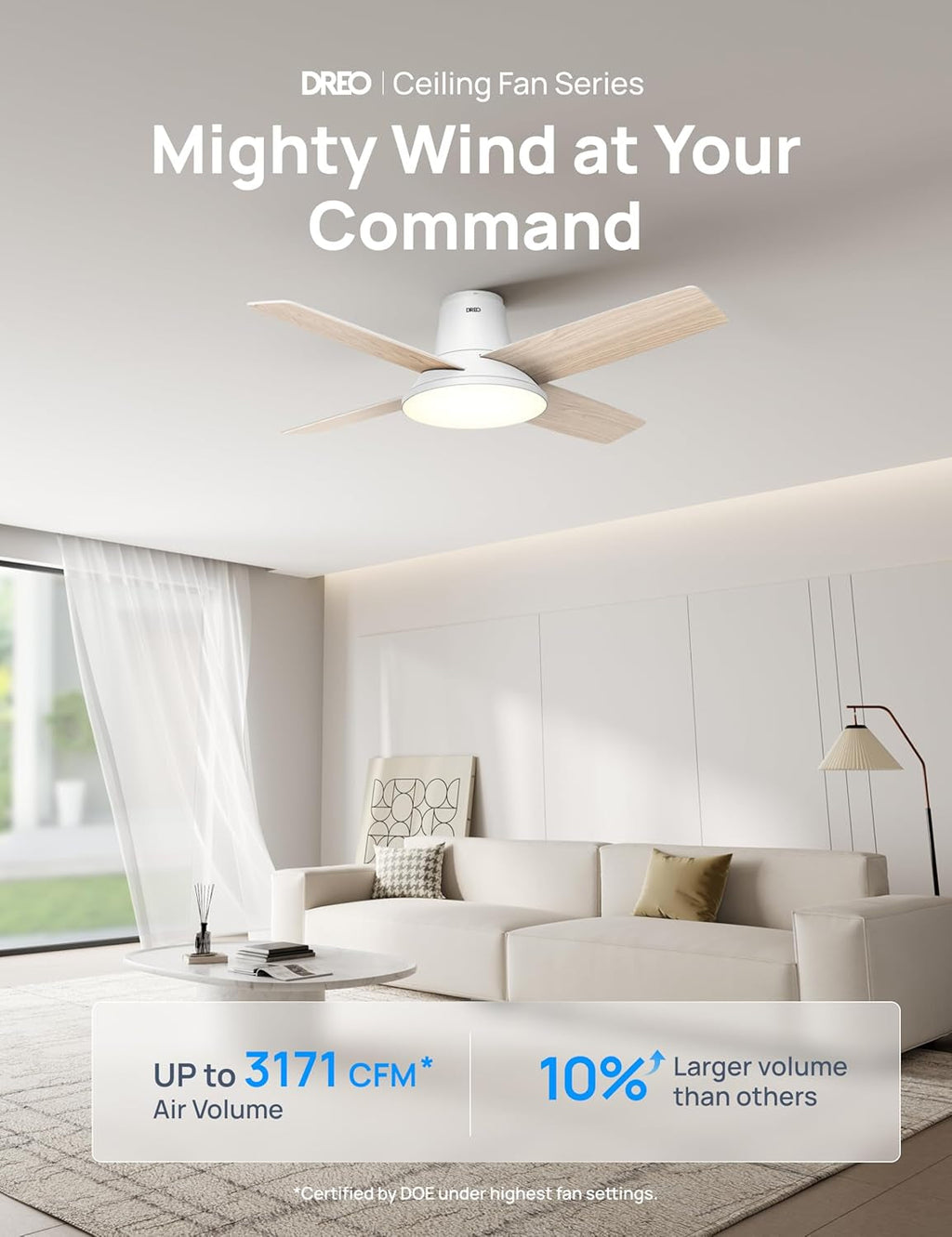 Ceiling fan in a modern living room with text highlighting features