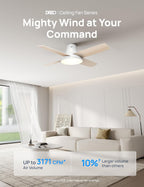 Ceiling fan in a modern living room with text highlighting features