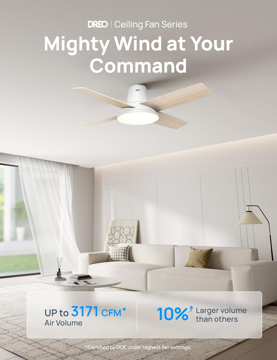 Ceiling fan in a modern living room with text highlighting features