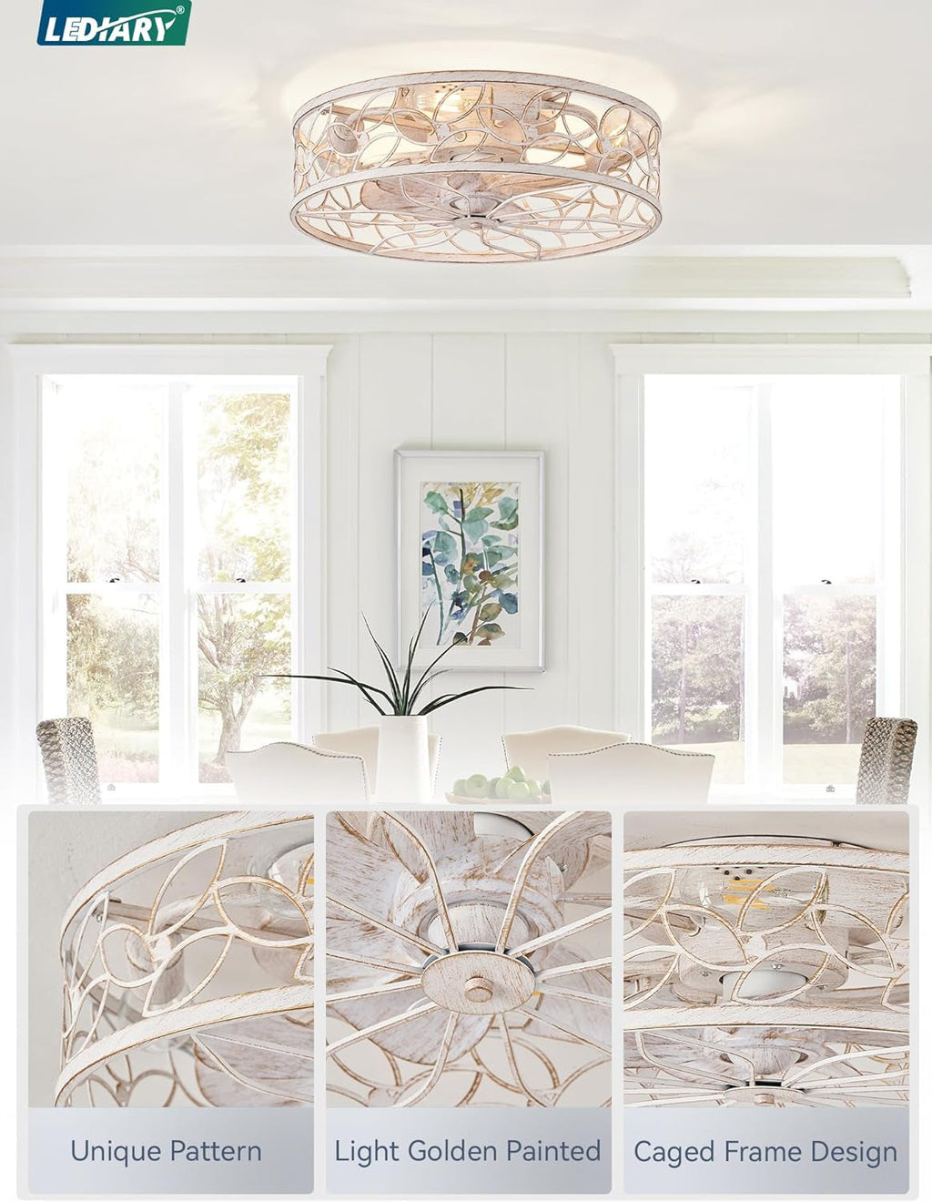 White And Gold Caged Ceiling Fan With Remote Light Fixture