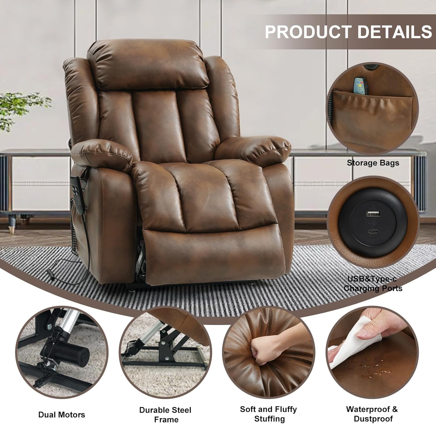Dual Motor Lift Recliner Leather With Heat Massage