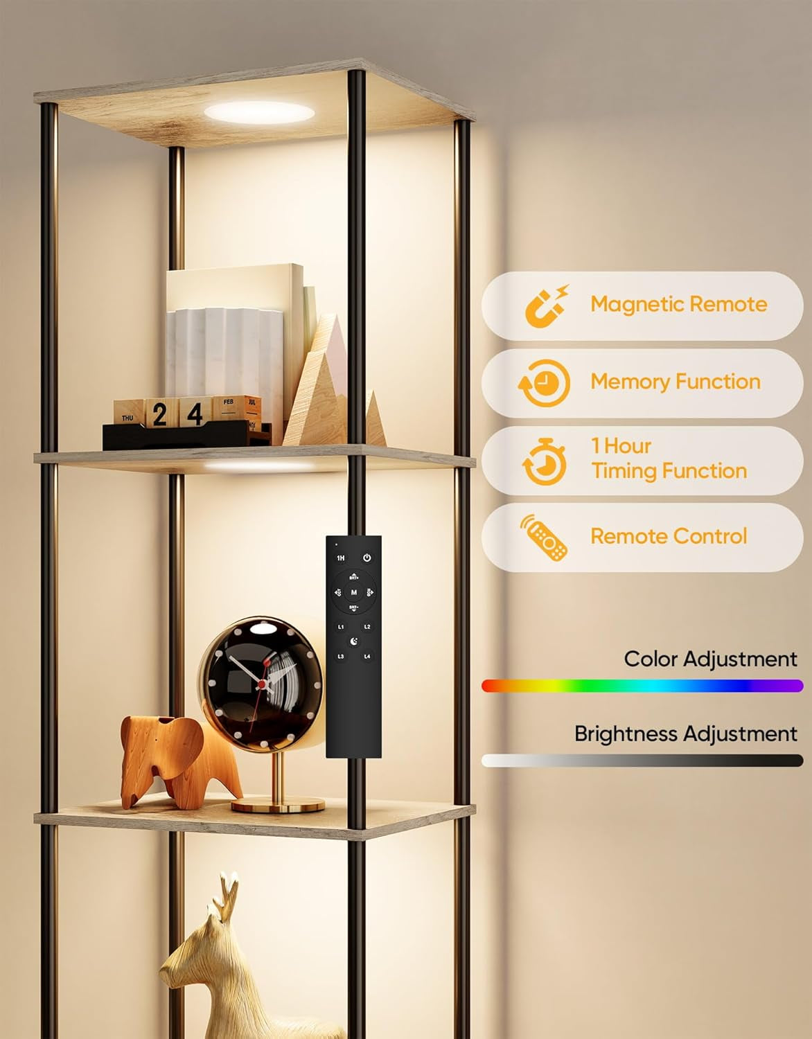 Display Shelf Floor Lamp With RGBW Light Gray Five Tier