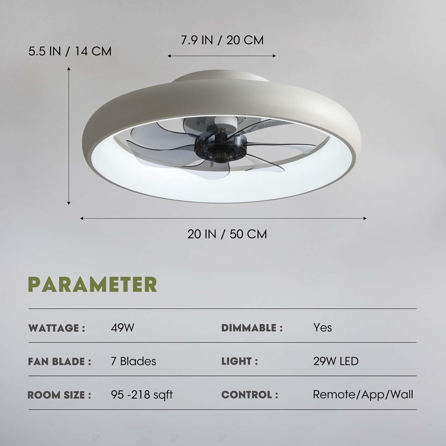 20 Inch Flush Mount Ceiling Fan With Lights Remote White Dimmable LED
