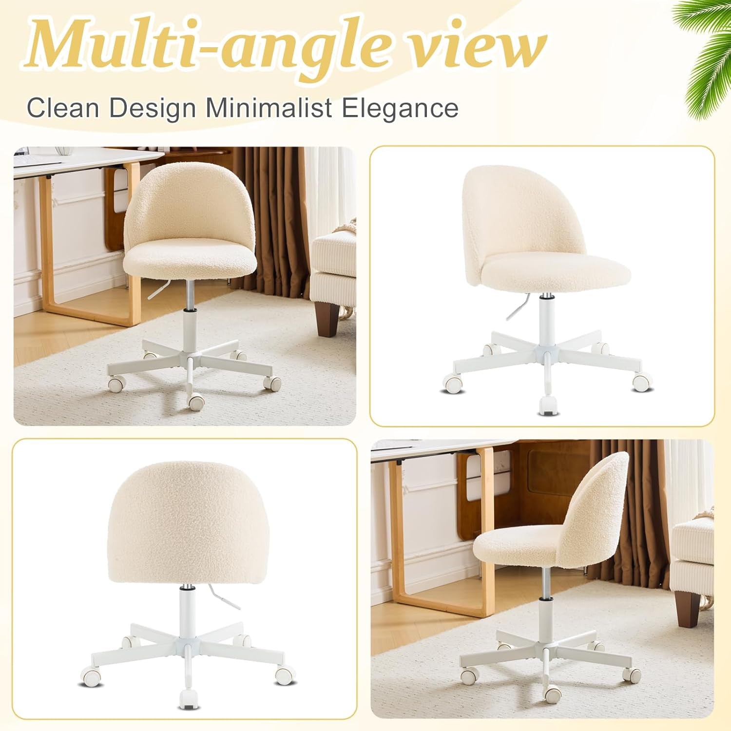 Armless Teddy Fleece Office Chair With Wheels – Creamy Beige