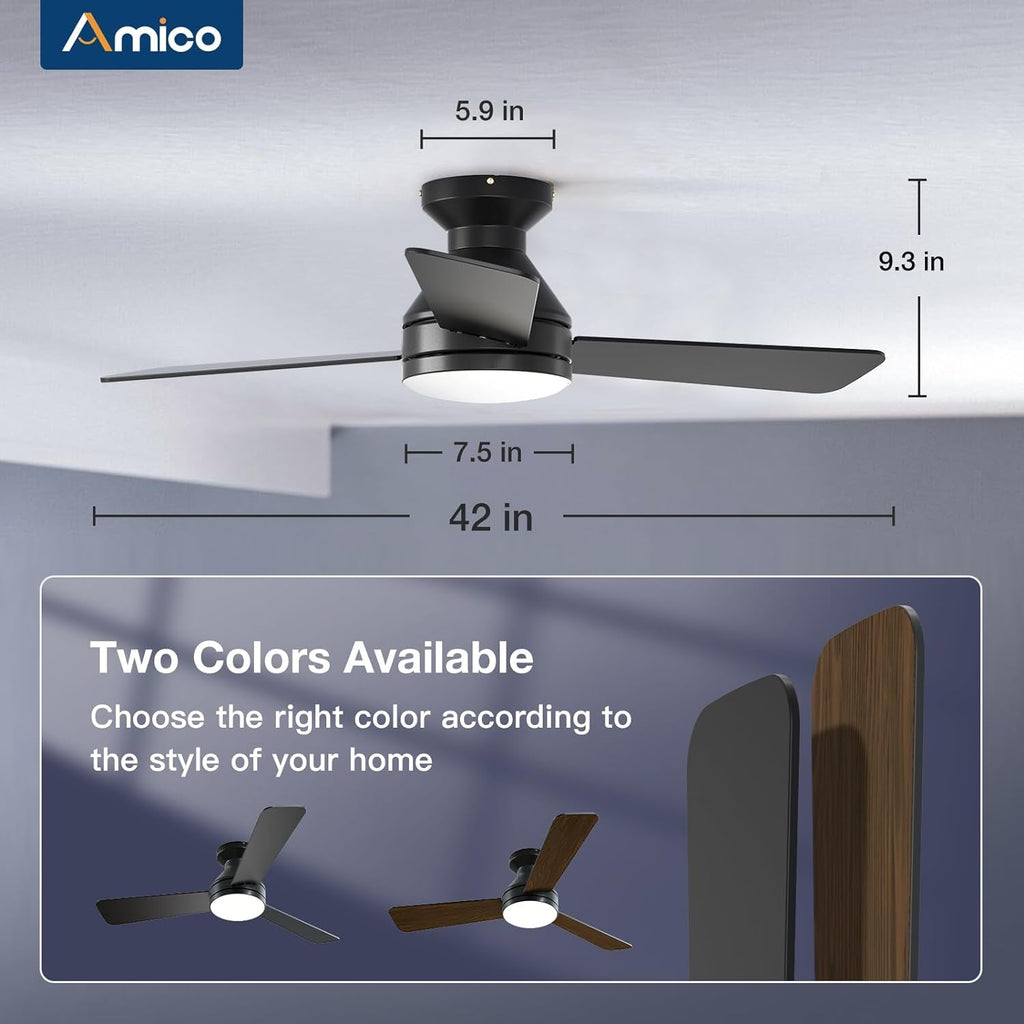 42 Inch Black Low Profile Ceiling Fan With Light And Remote