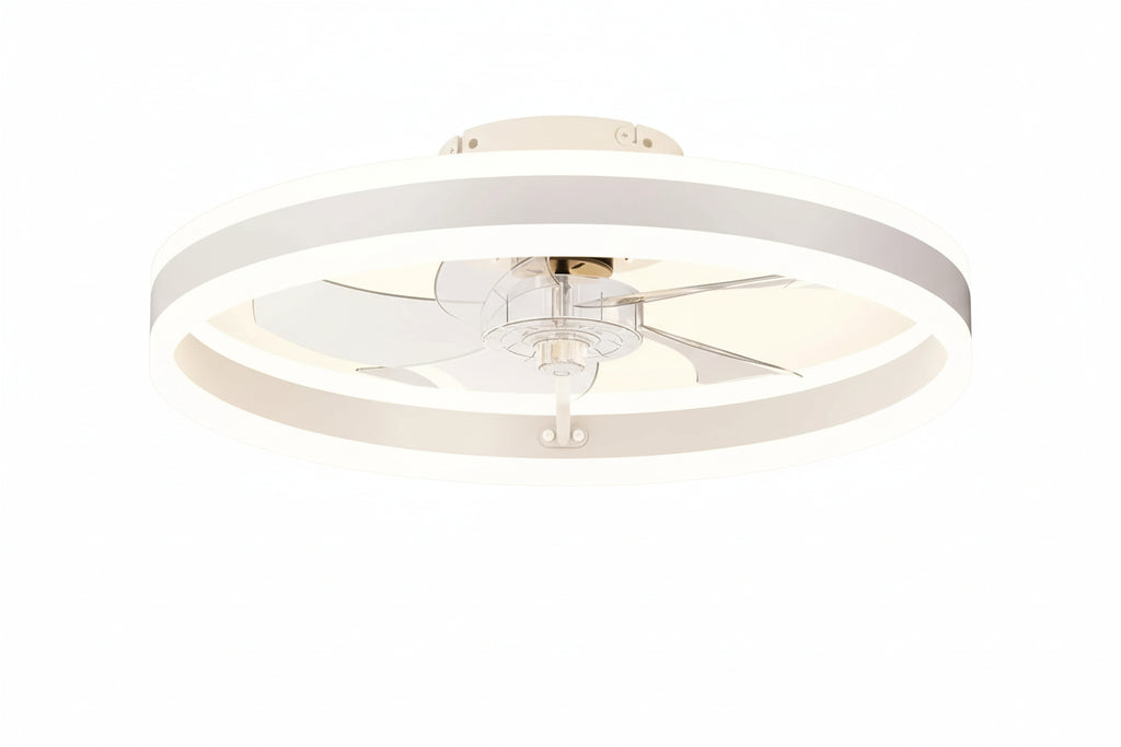 Ceiling fan with light fixture in a room with a smartphone displaying app controls.