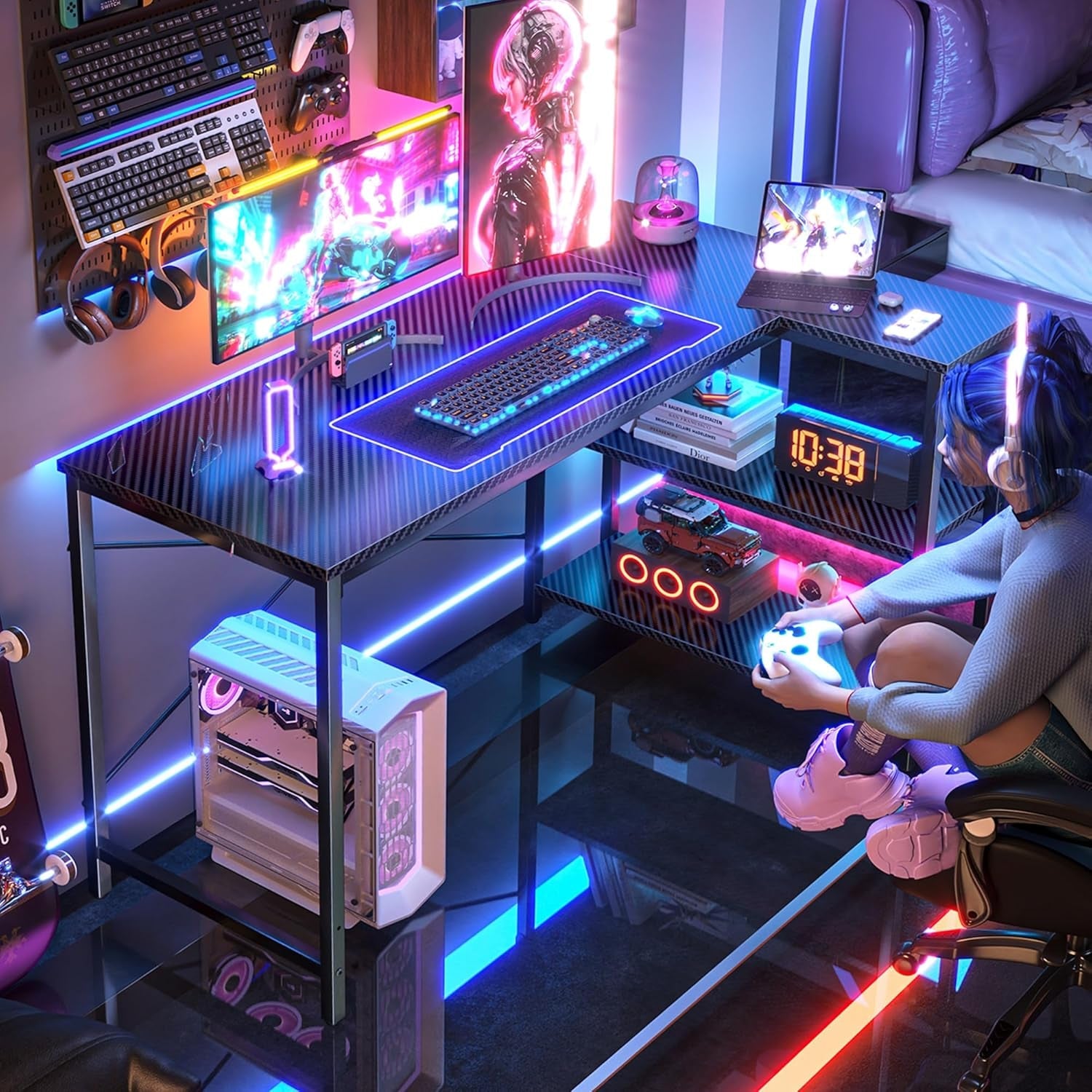 47 Inch L Shaped Desk With Reversible Shelves Carbon Fiber