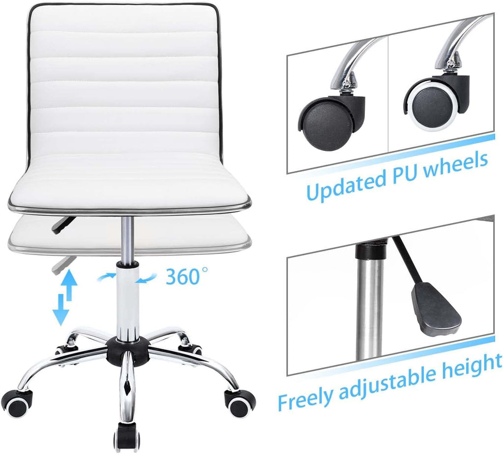 White PU Leather Vanity Chair — Mid Back Swivel Office Chair