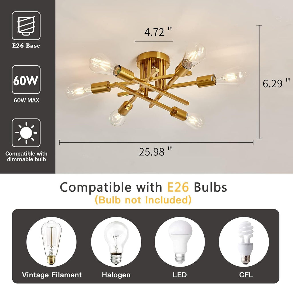 Gold Sputnik Chandelier Semi Flush Mount Ceiling Light