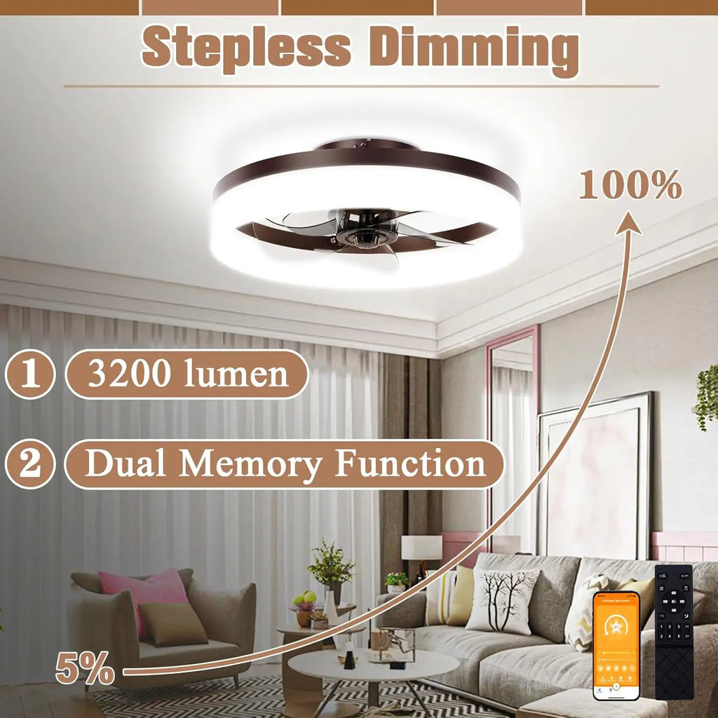 Brown Flush Mount Bladeless Fan Light With Dimmable LED