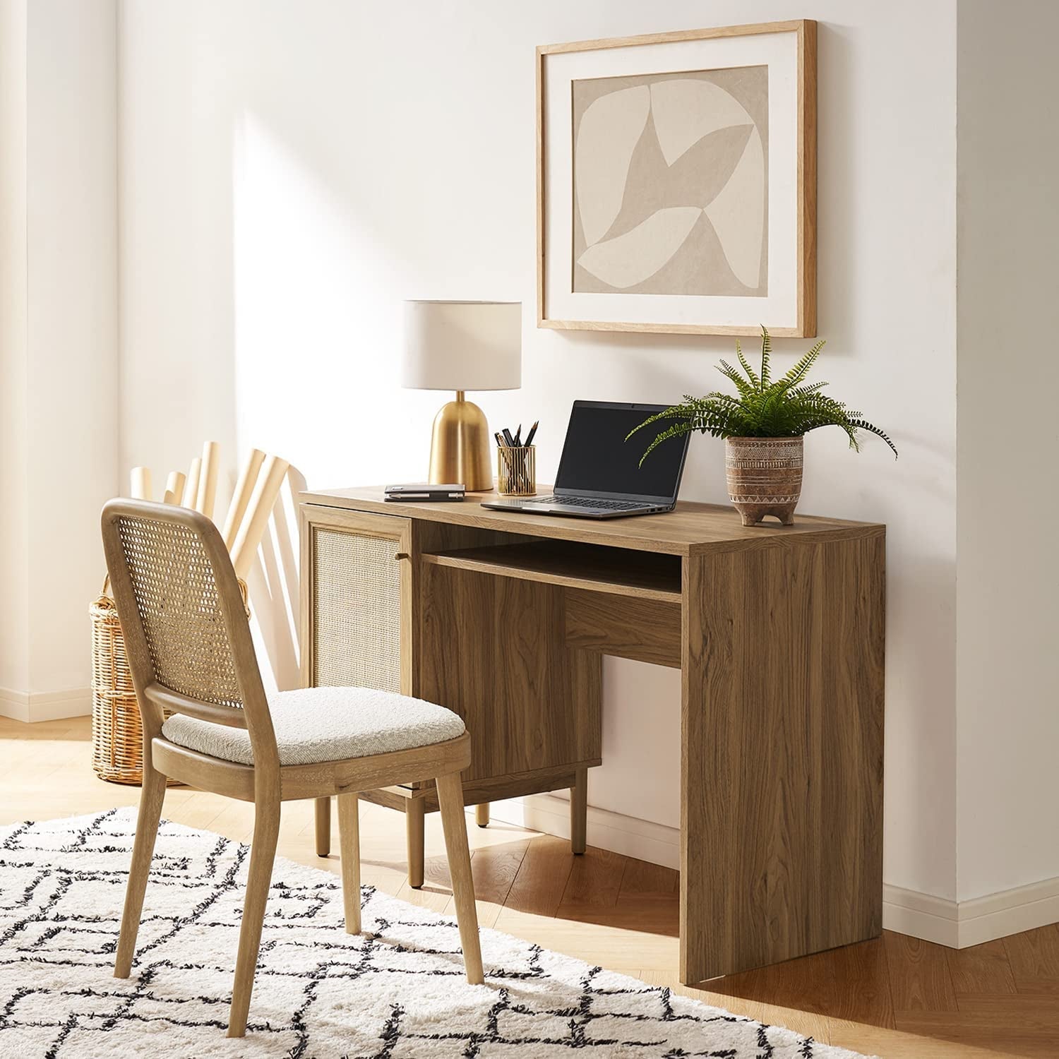 Adjustable Rattan Desk With Hidden Storage And Shelves