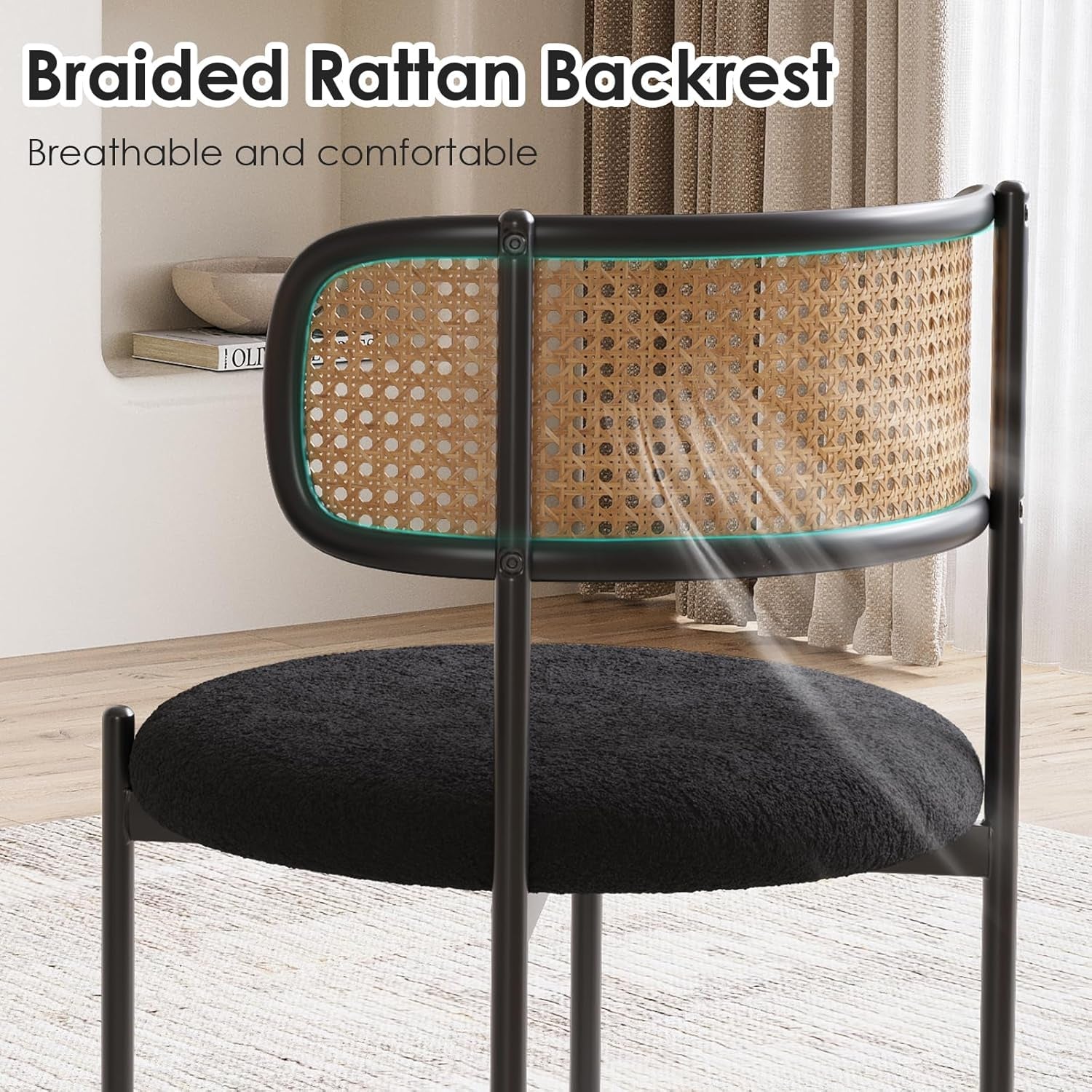Set Of 4 Dining Chairs Mid Century Modern Rattan Back Upholstered
