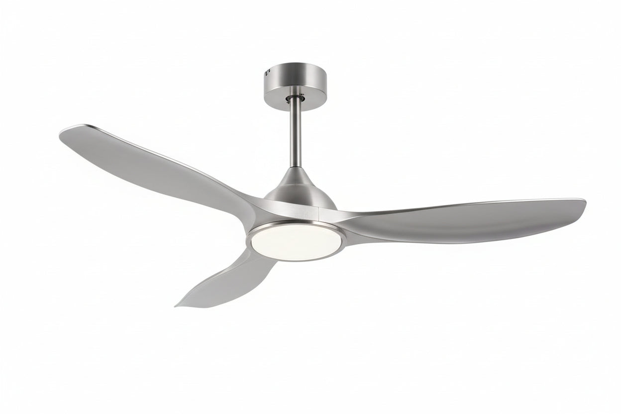 Ceiling fan with light and remote control on a white background
