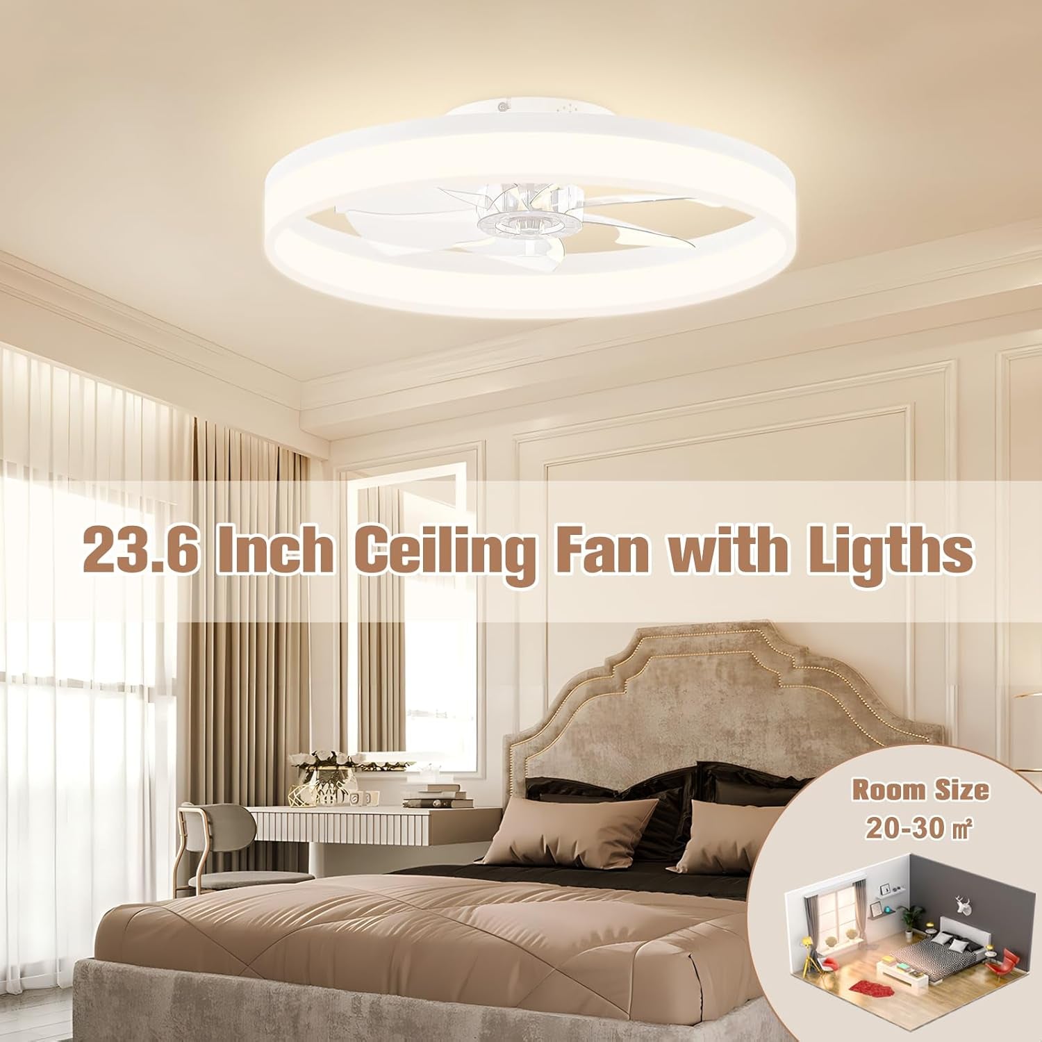 23.6 Inch White Low Profile LED Ceiling Fan Light With Remote Dimmable