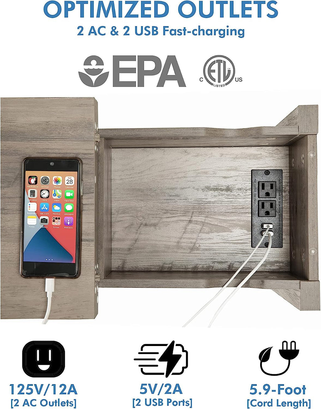 Farmhouse Slim End Table With USB Charging Station