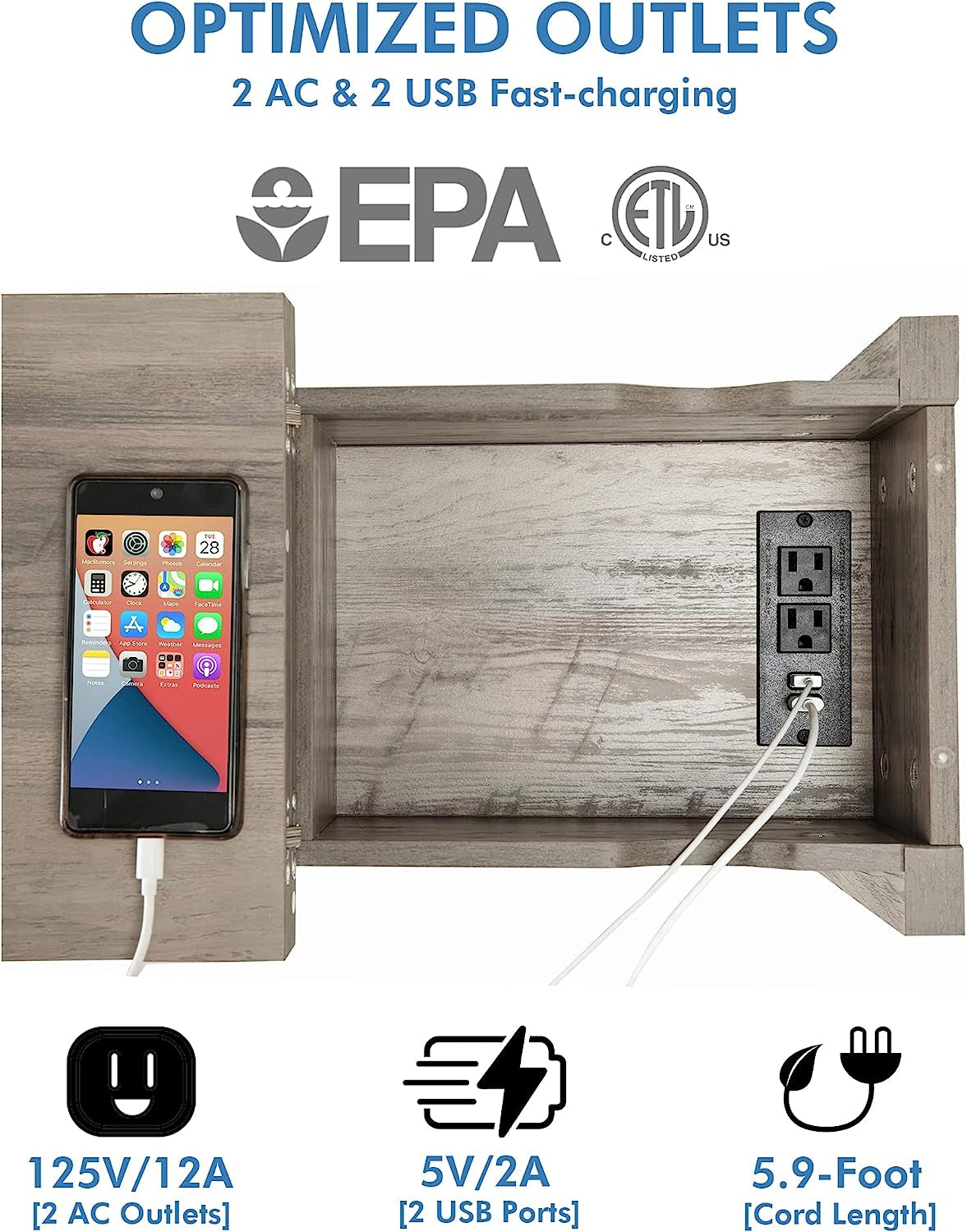 Farmhouse Slim End Table With USB Charging Station