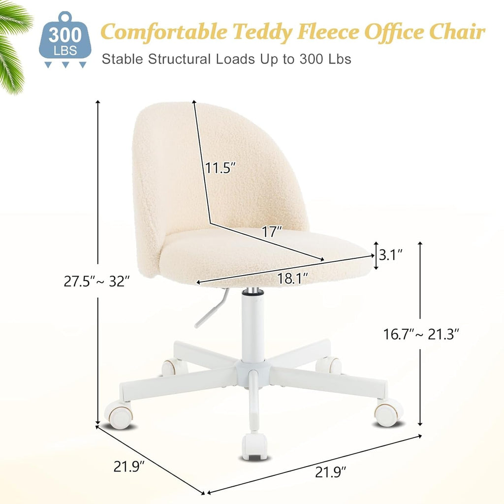 Armless Teddy Fleece Office Chair With Wheels – Creamy Beige