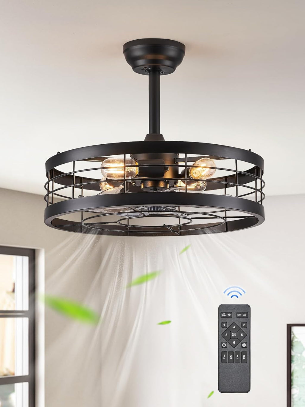 20 Inch Black Bladeless Fandelier Ceiling Fan With Light And Remote 6