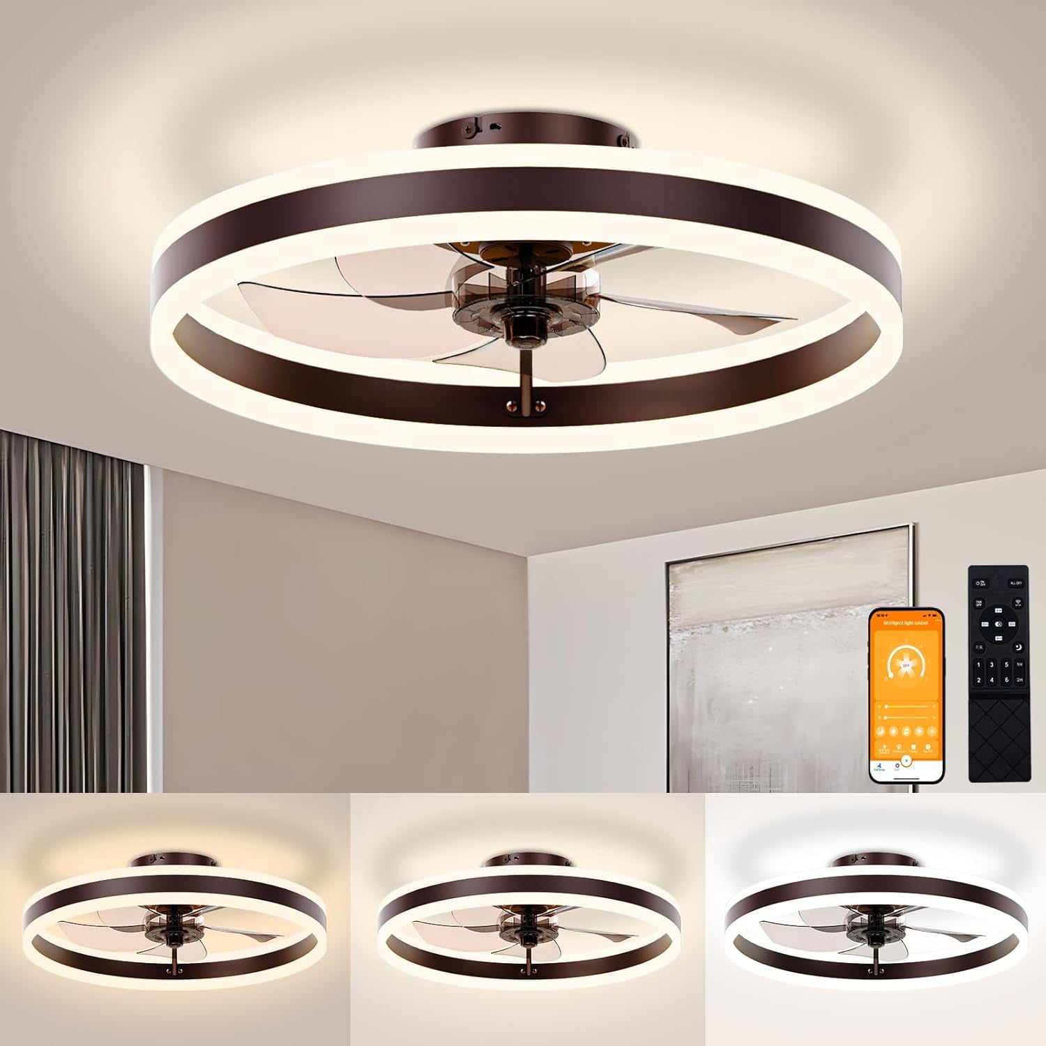 19.7 Inch Low Profile Ceiling Fan With Light Remote