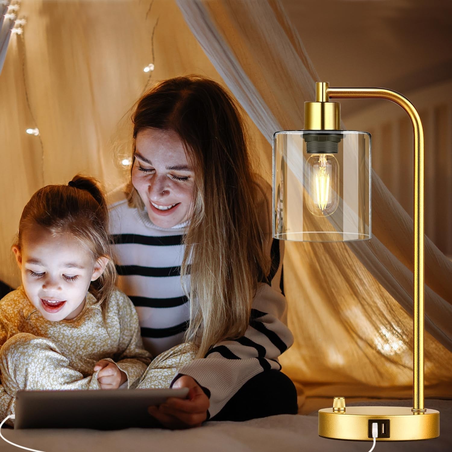 Set of 2 Gold Industrial Table Lamps – Dimmable With Dual USB Ports