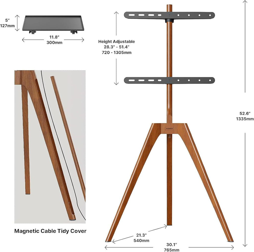 Wood Easel TV Stand For 45 To 65 Inch TVs Walnut Floor