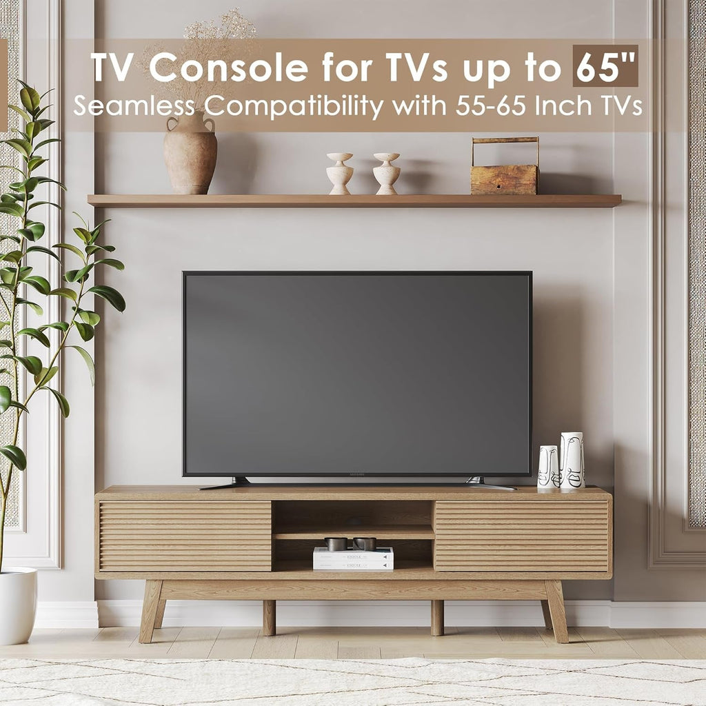 59 Inch Mid Century Modern TV Console Fluted Doors