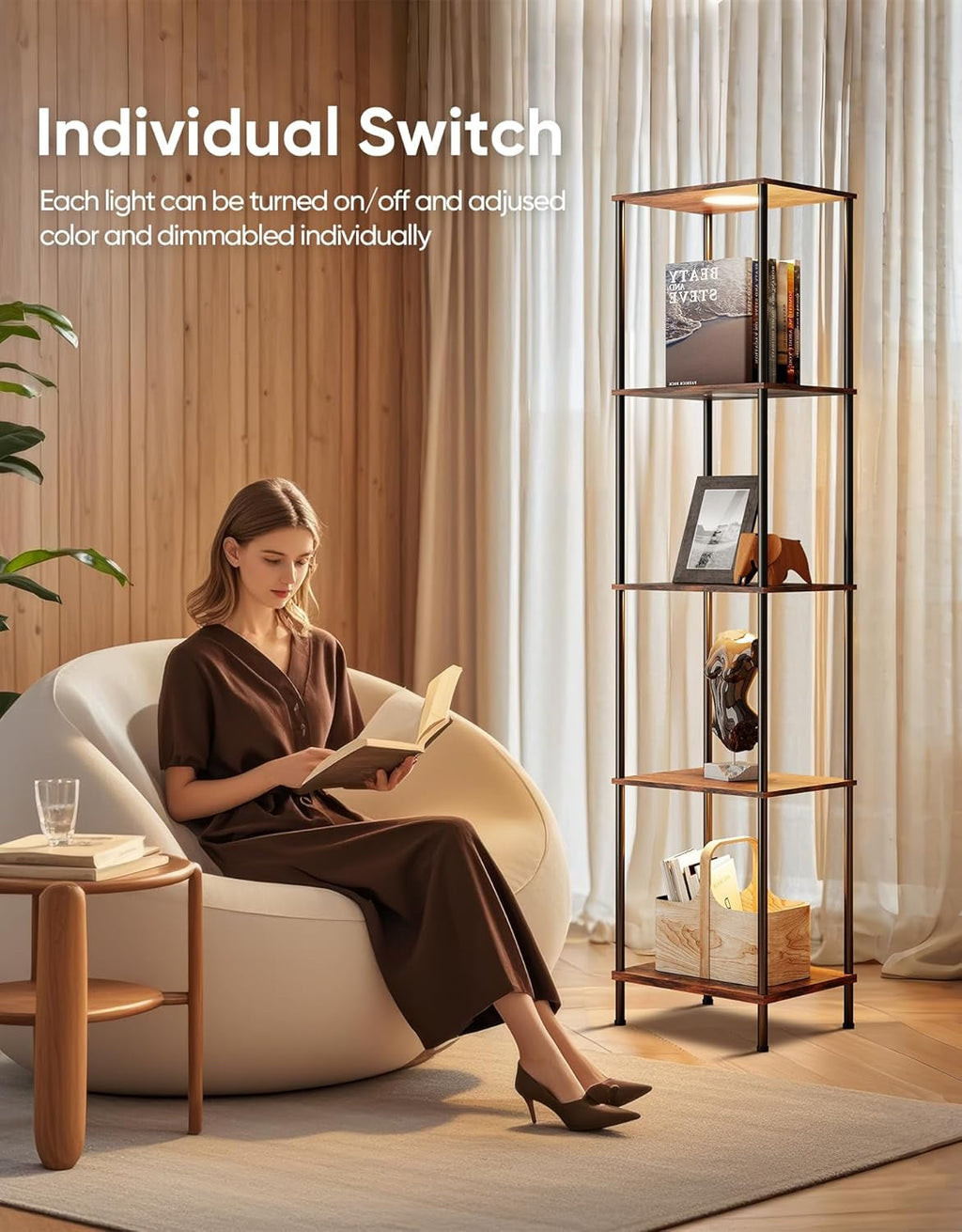 5-Tier Display Shelf Floor Lamp With RGBW Lights — Brown
