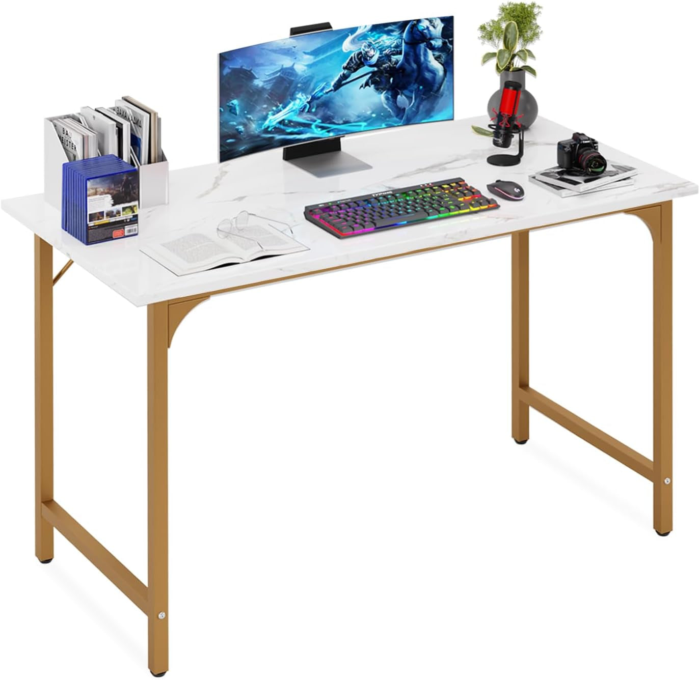 47 Inch Computer Desk Gold Metal Frame Modern Home Office Desk