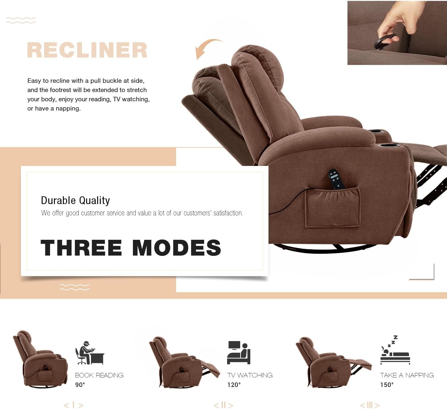 Brown Massage Swivel Recliner Rocking Chair Cup Holders