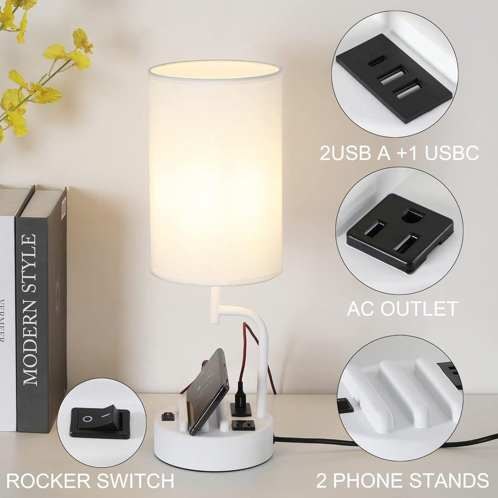 Table Lamp With 3 USB Ports White Finish For Home Office