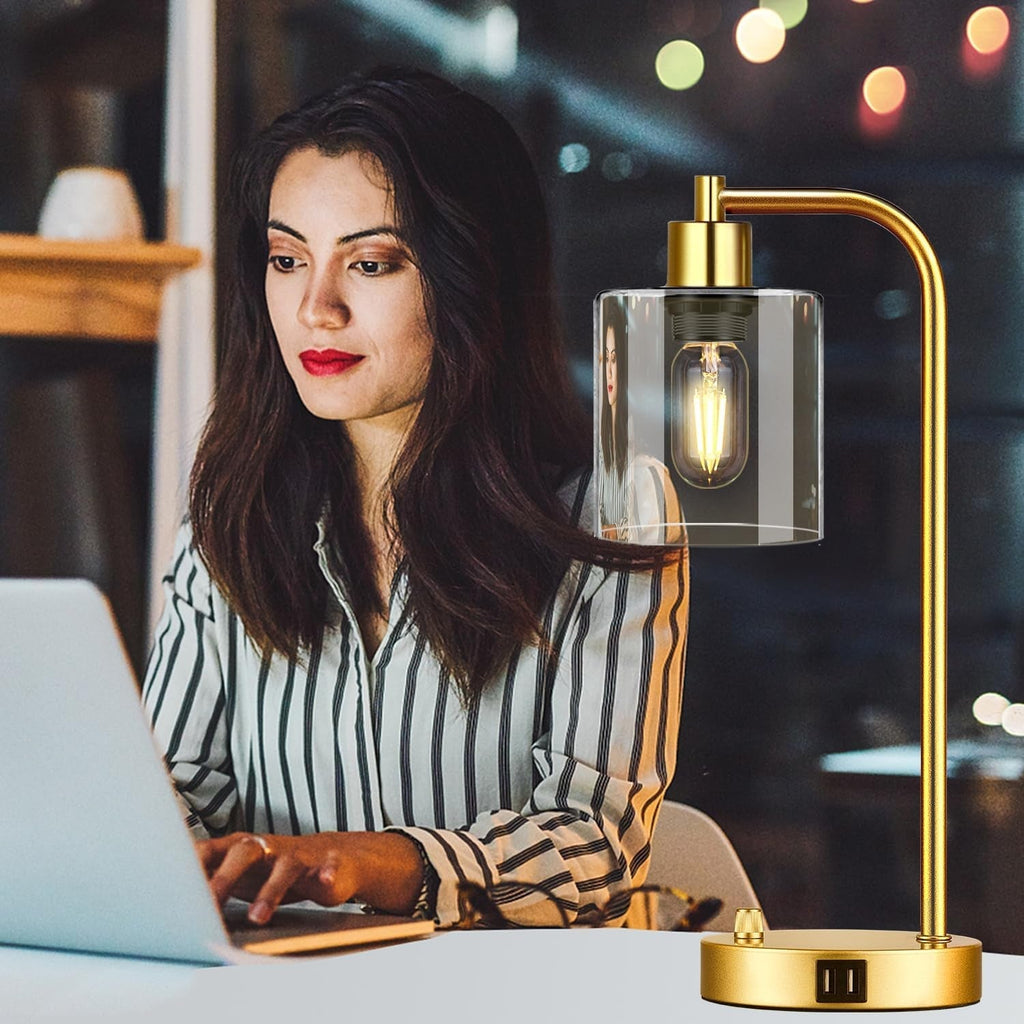 Set of 2 Gold Industrial Table Lamps – Dimmable With Dual USB Ports