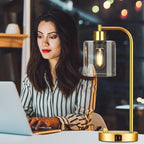 Set of 2 Gold Industrial Table Lamps – Dimmable With Dual USB Ports