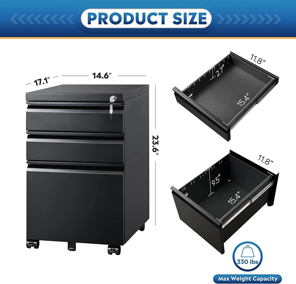 Compact Black Mobile Filing Cabinet Lockable With Drawers