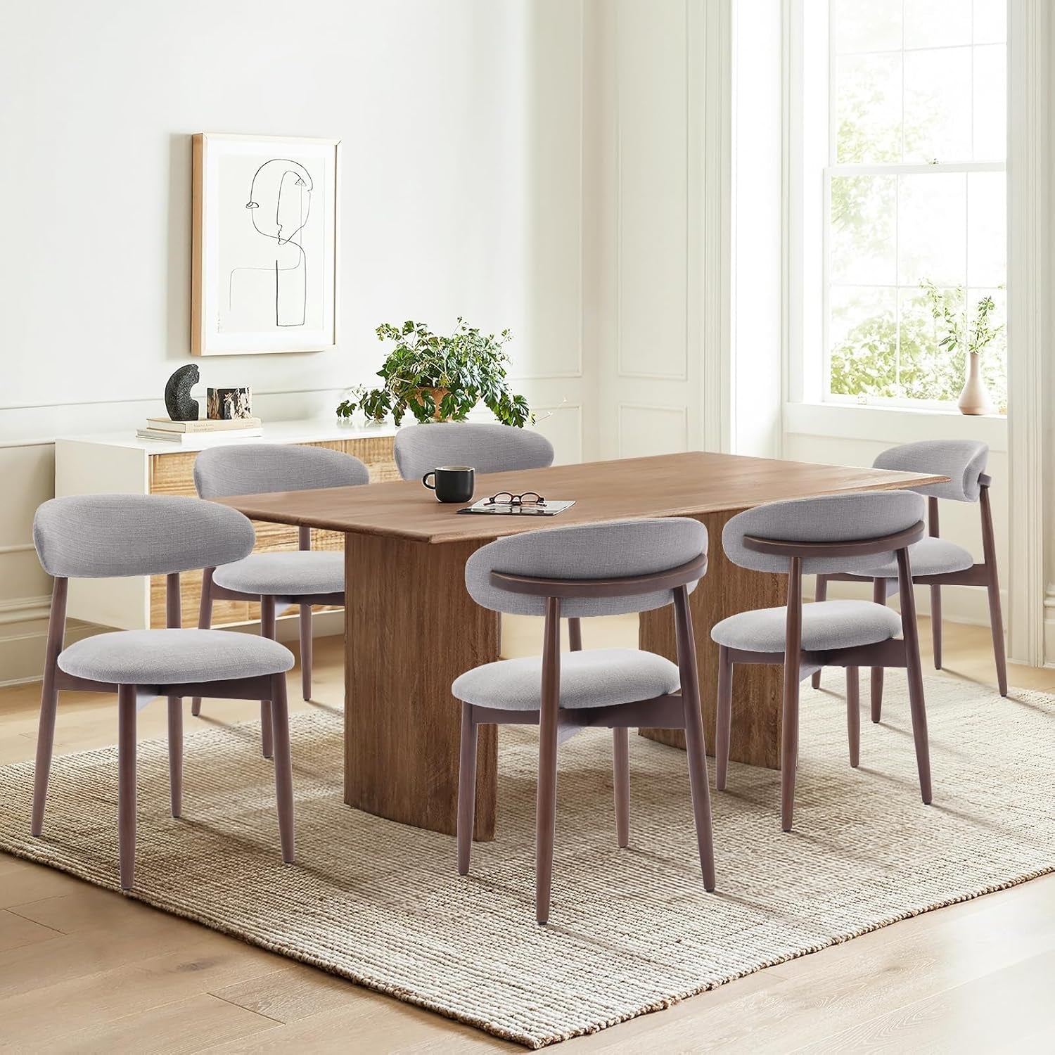 Wooden Dining Chairs Set Of 6 With Light Grey Upholstery