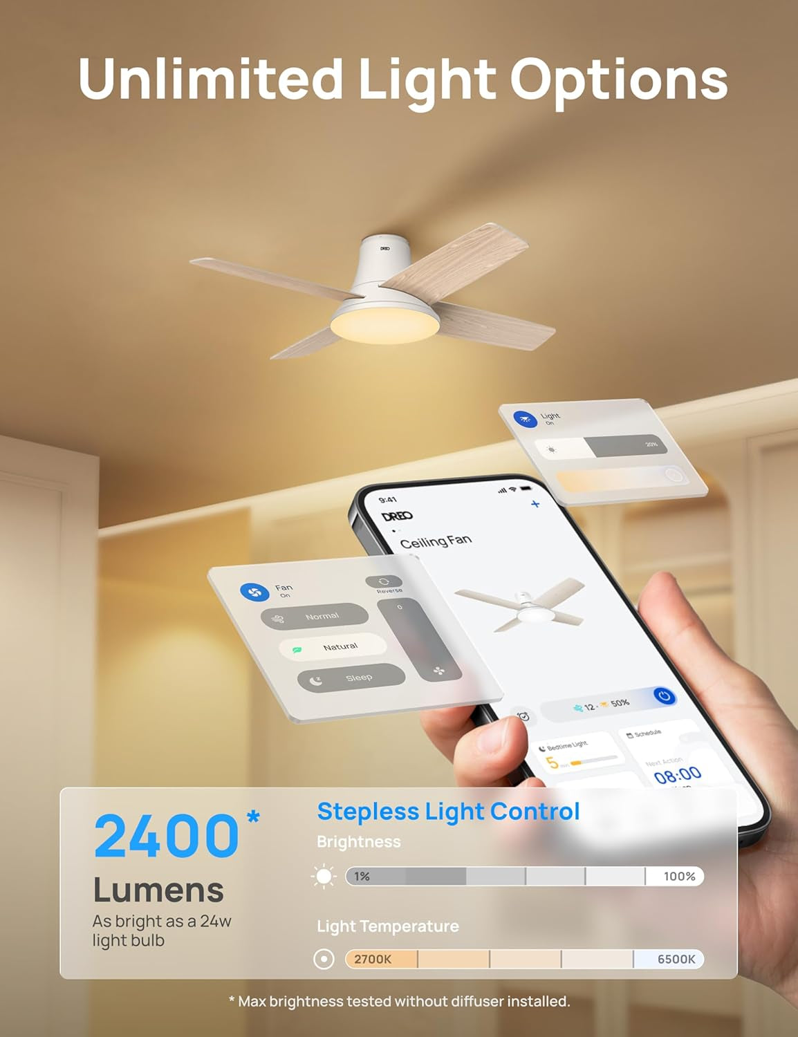 Ceiling fan with light fixture and smartphone app control, highlighting stepless light control feature.