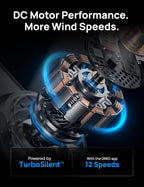DC motor with blue glow on a black background, featuring text about DC motor performance and wind speeds.