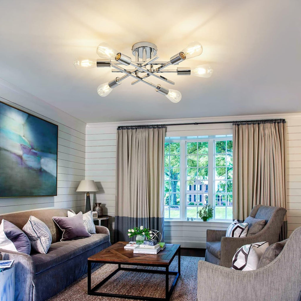 6 Light Chrome Sputnik Chandelier Semi Flush Mount Ceiling Light