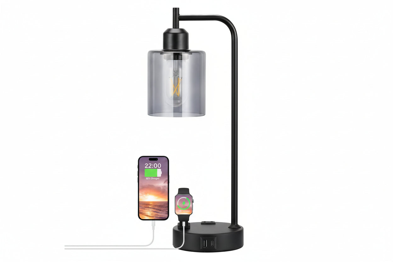 Black table lamp with dual USB ports and smartphone charging display on a white background