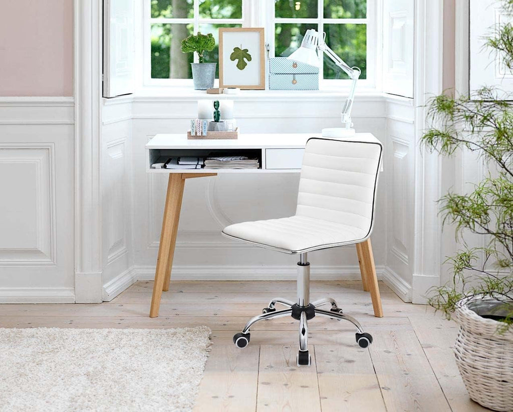 White PU Leather Vanity Chair — Mid Back Swivel Office Chair