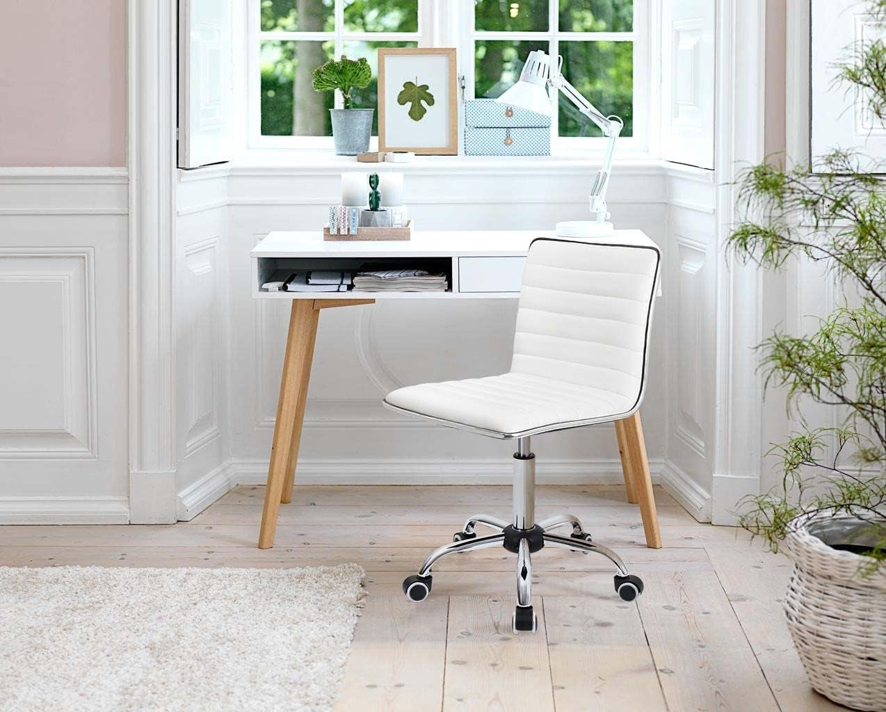 White PU Leather Vanity Chair — Mid Back Swivel Office Chair