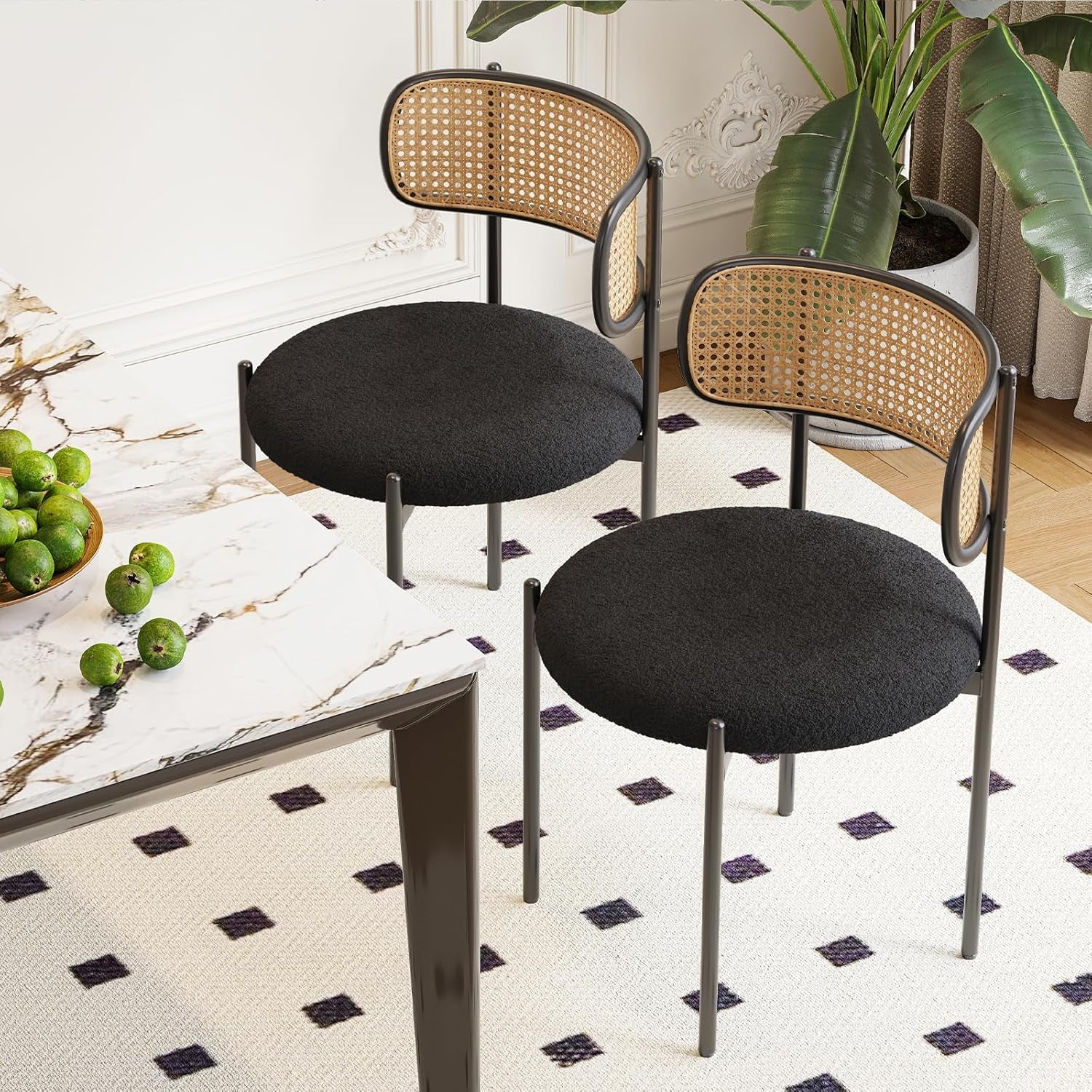 Set Of 4 Dining Chairs Mid Century Modern Rattan Back Upholstered
