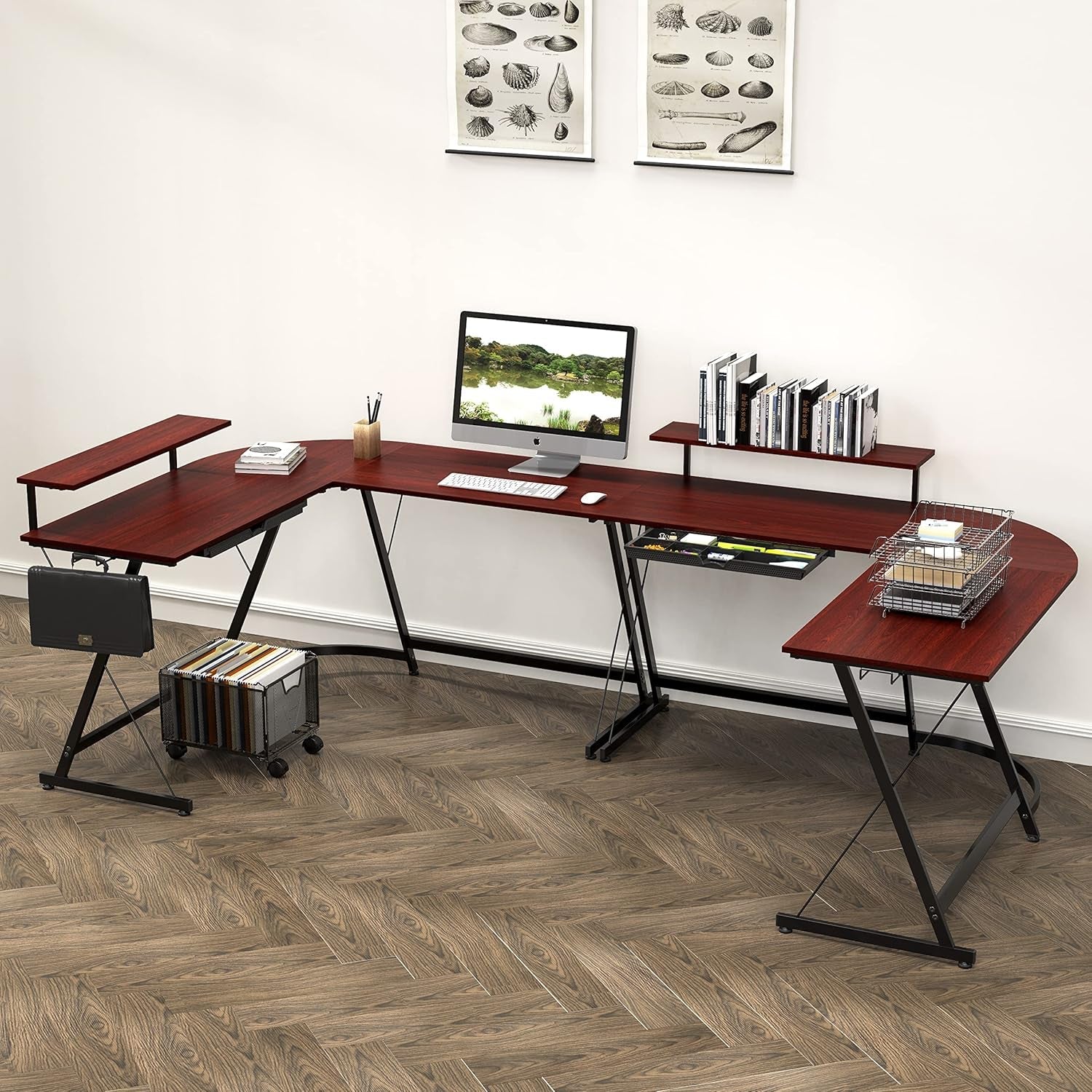 Vista L Shape Desk With Adjustable Monitor Stand Cherry