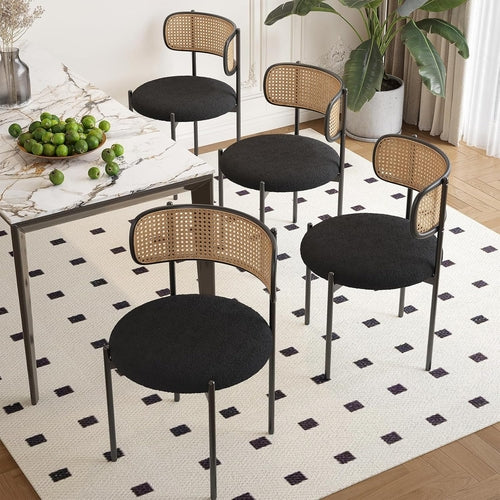 Set Of 4 Dining Chairs Mid Century Modern Rattan Back Upholstered