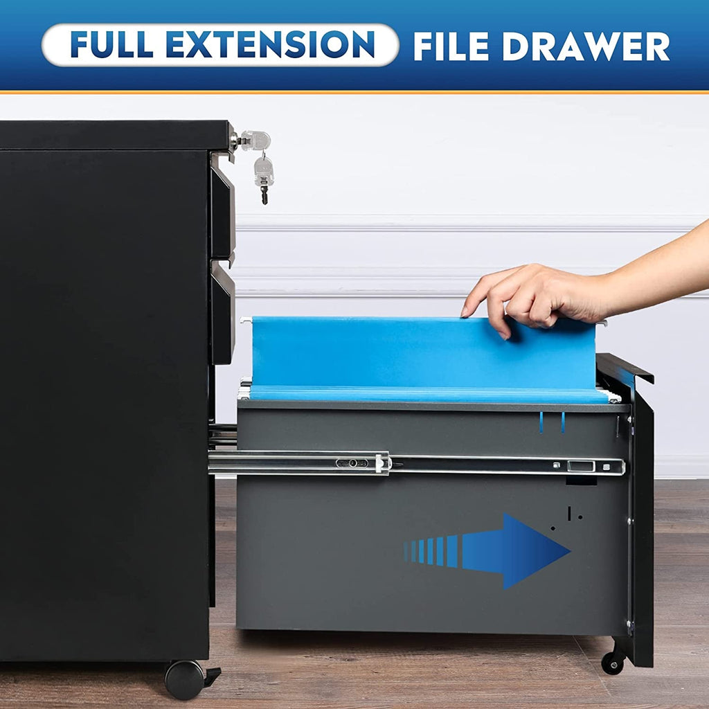 Compact Black Mobile Filing Cabinet Lockable With Drawers