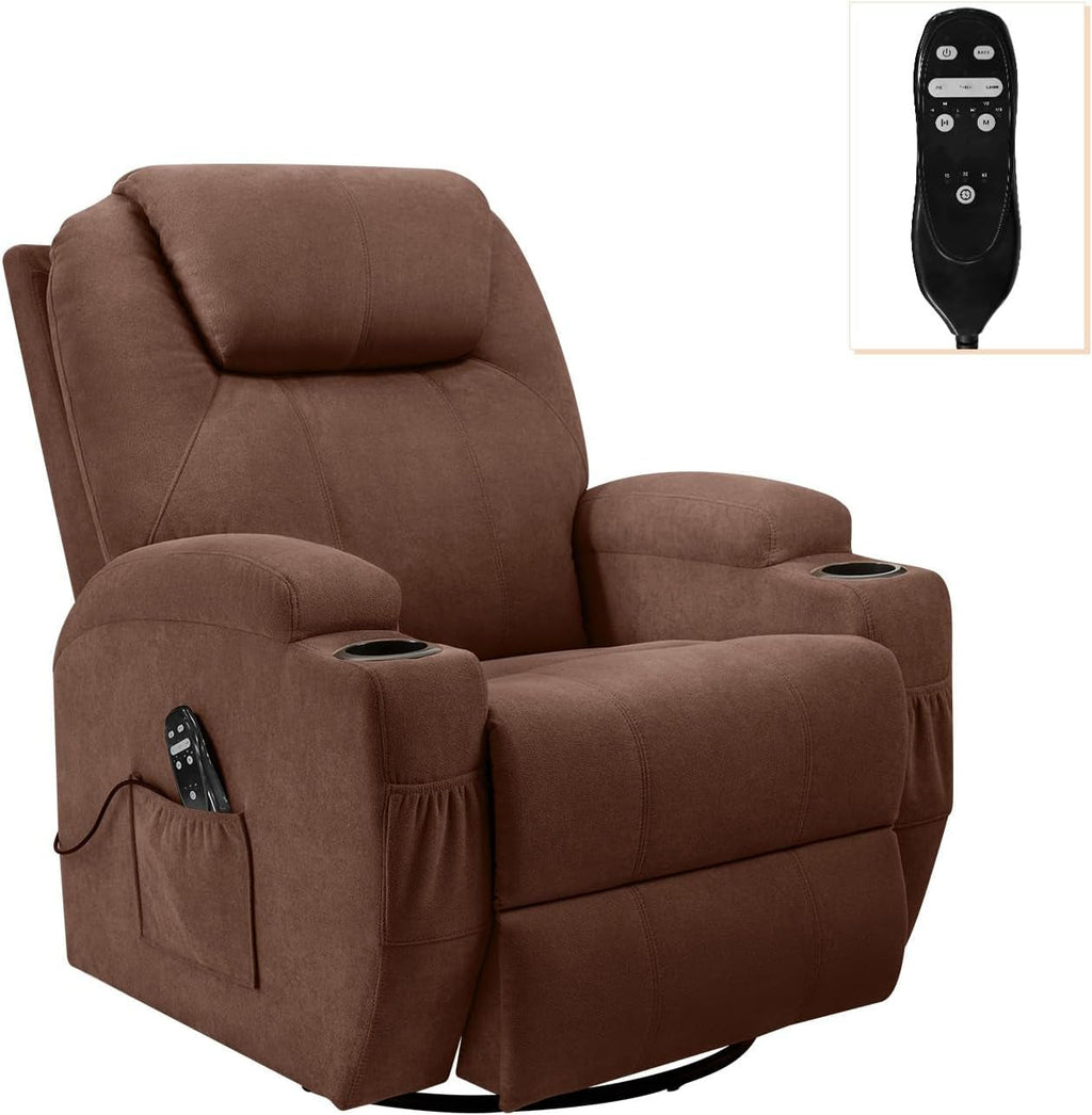 Brown Massage Swivel Recliner Rocking Chair Cup Holders