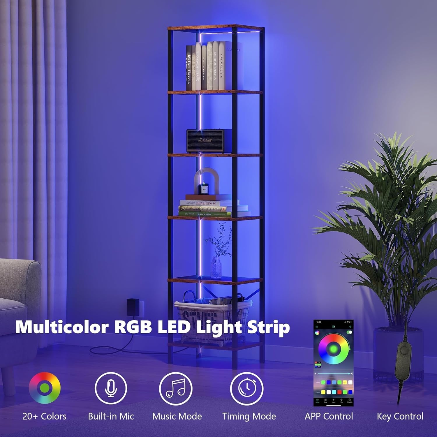 6-Tier Bookshelf With LED Lights — Rustic Brown